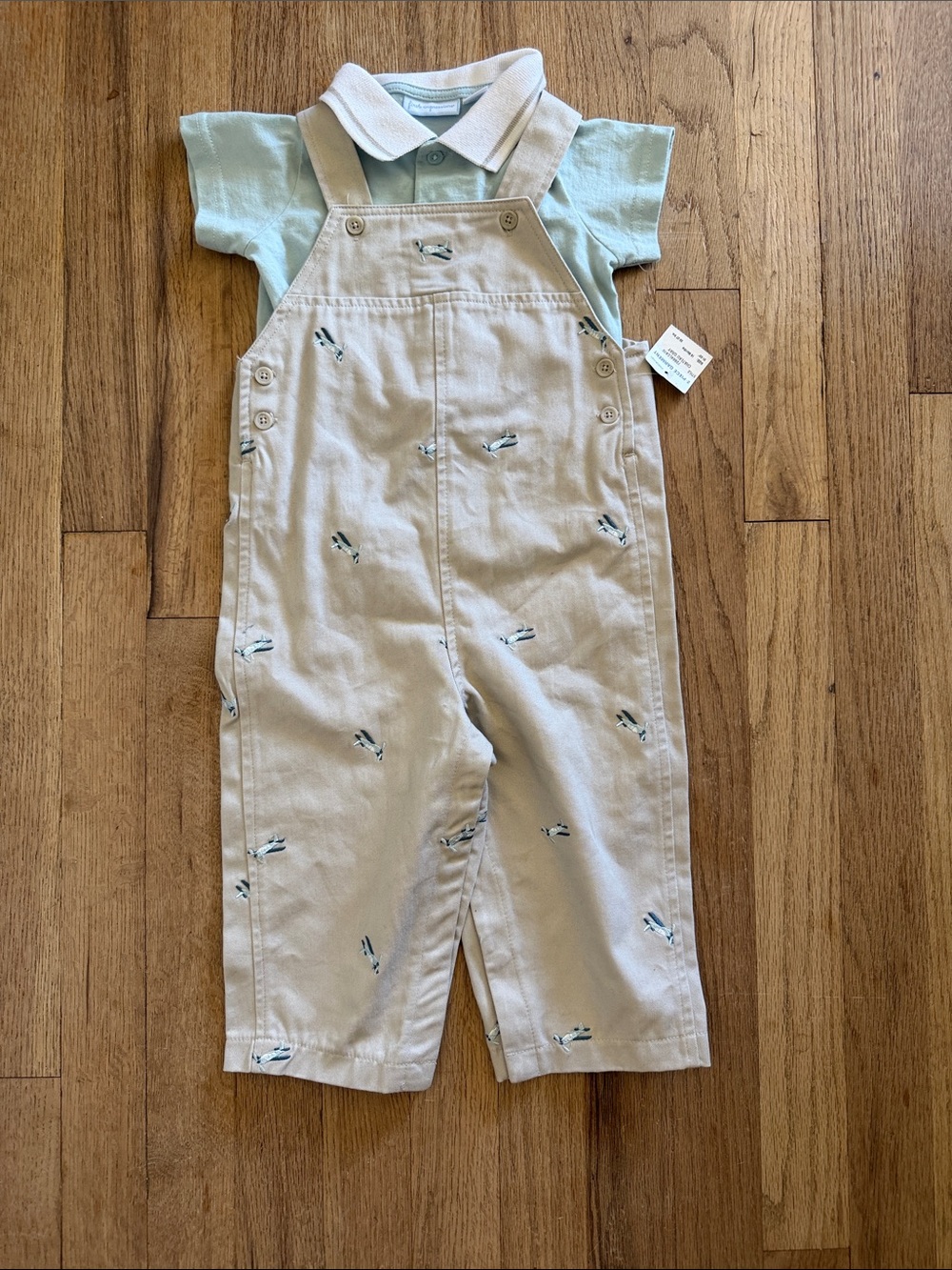 First Impressions Kids Beige Embroidered Plane Overalls with Polo shirt 18 month